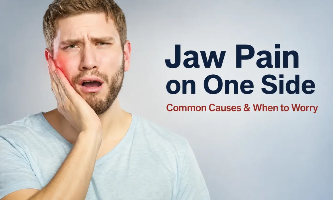 Man holding one side of his painful jaw with text about common causes and warning signs of one-sided jaw pain.