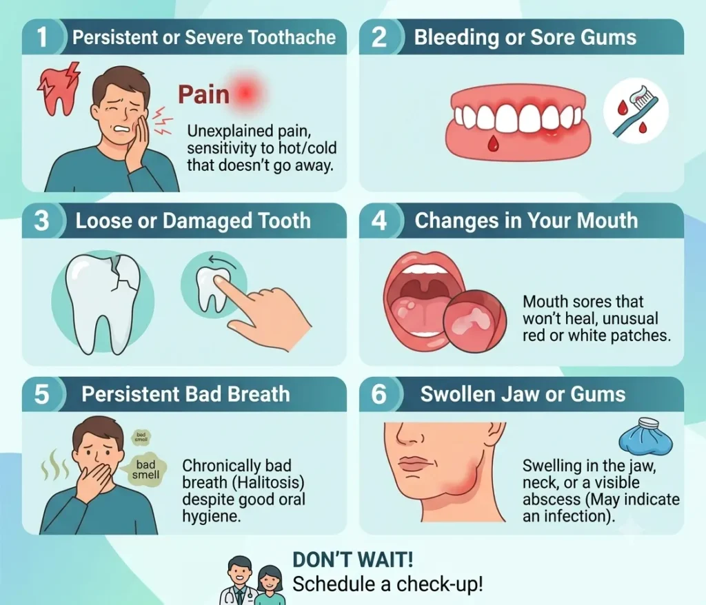 Infographic listing 6 reasons to see a dentist: toothache, bleeding gums, damaged teeth, mouth sores, bad breath, and jaw swelling.