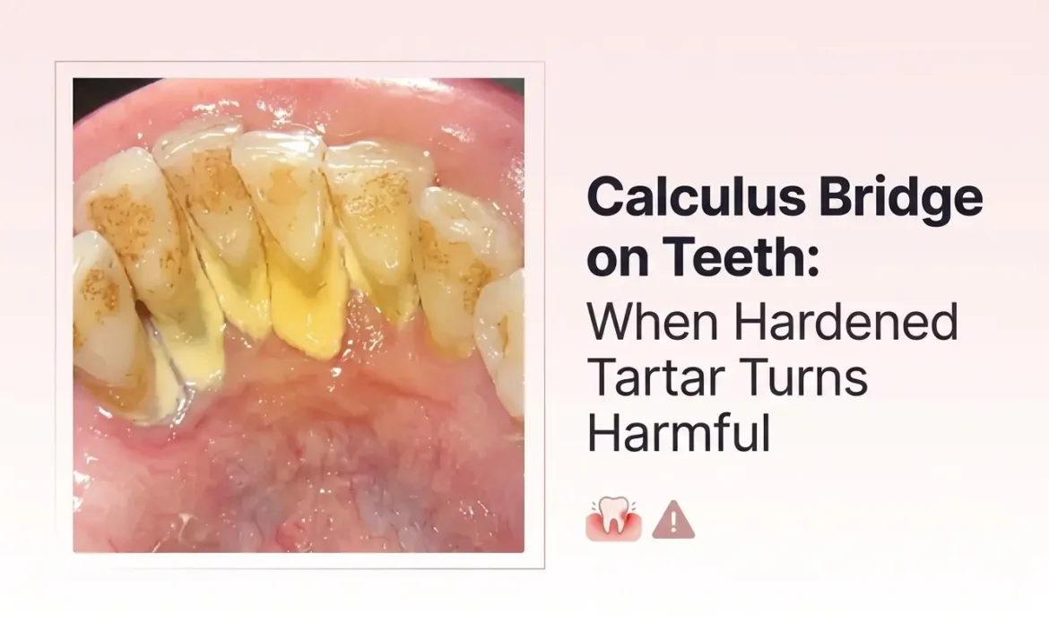 A clean blog header image featuring a dental photo on the left showing severe tartar build-up (calculus bridge) on the lower teeth. The right side contains the text 'Calculus Bridge on Teeth: When Hardened Tartar Turns Harmful' against a soft pink gradient background, with small icons of an inflamed tooth and a warning sign below.
