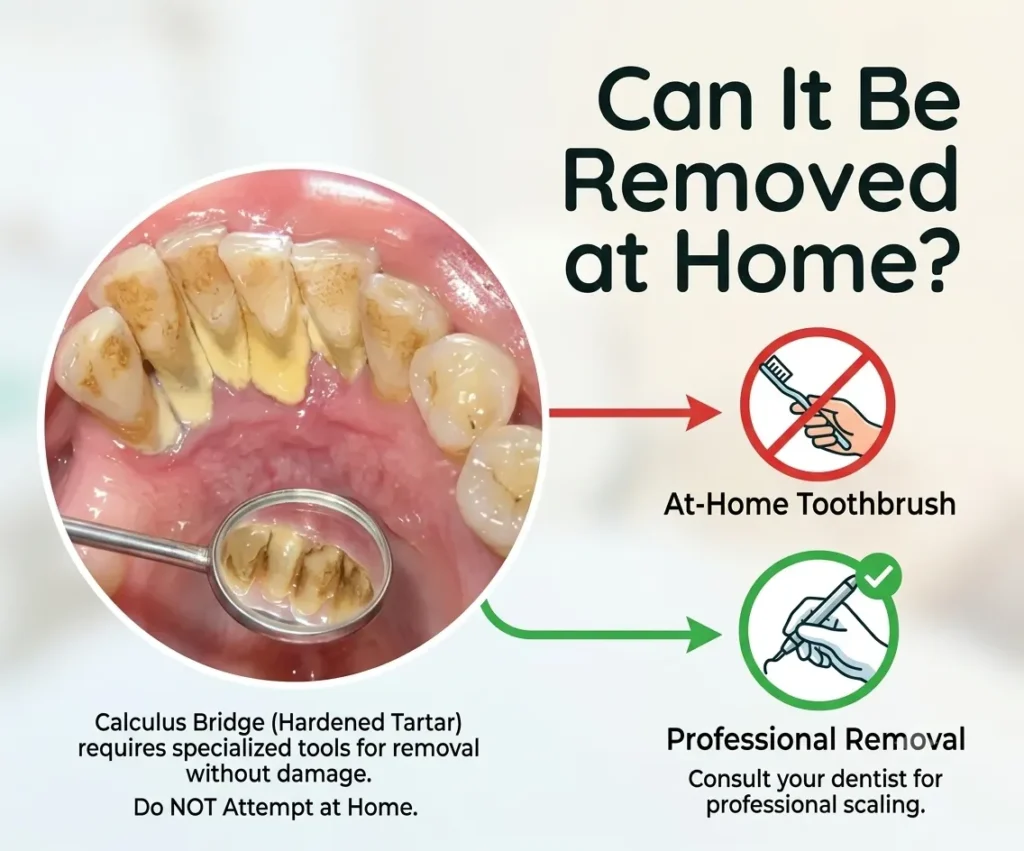 "Infographic titled 'Can It Be Removed at Home?' contrasting a 'No' symbol for at-home toothbrushing against a 'Yes' symbol for professional dental removal, next to a close-up photo of severe tartar buildup."